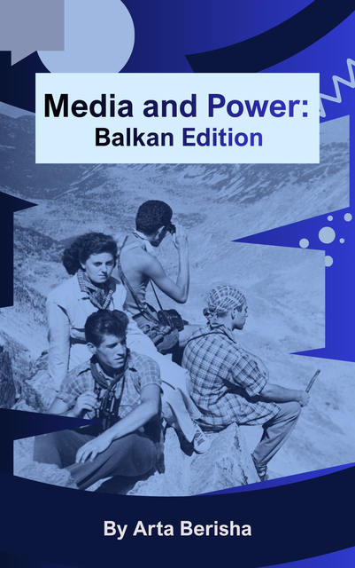 book cover in shades of blue with image of 4 people sitting near a mountainous area with a pond far below