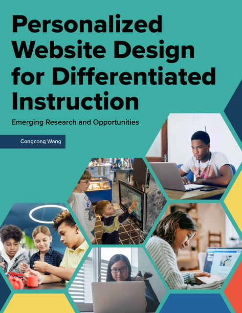 Book cover with green background & photo montage containing images of teachers & students using technology such as laptops