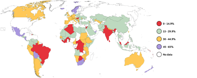 Women representatives in national legislatures in 2021. Data for single or lower house. Countries indicated as having legislated candidate quotas or reserved seats might also have political party quotas. Source: current data at idea.int/data-tools/data/gender-quotas